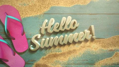 Hello Summer with sandy beach and swimming slippers on wood Stockbeeldmateriaal 168048032