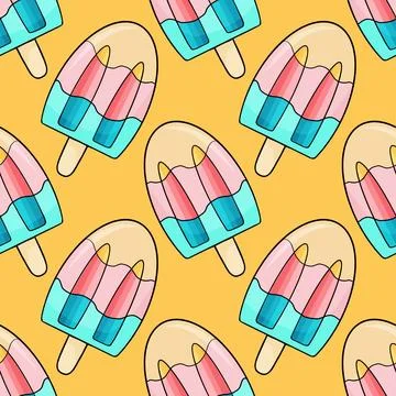 Hello Summer Seamless Vector Pattern With Frozen Ice In Bright Colors. Stock Illustration
