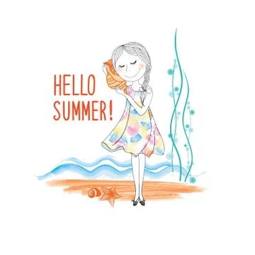 Hello summer seaside background. Happy girl listen seashell Stock Illustration