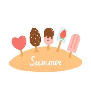 Hello summer set of elements on sand, vector Illustrazione stock