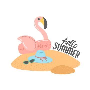 Hello summer set of elements on sand, vector Stock Illustration