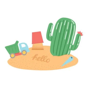 Hello summer set of elements on sand, vector イラスト素材