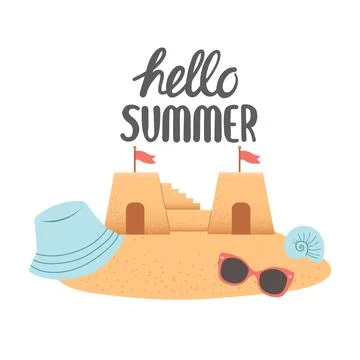Hello summer set of elements on sand, vector Stock Illustration