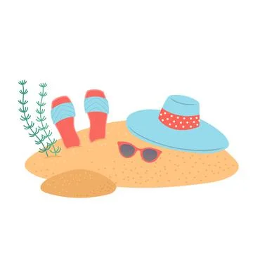Hello summer set of elements on sand, vector Stock Illustration
