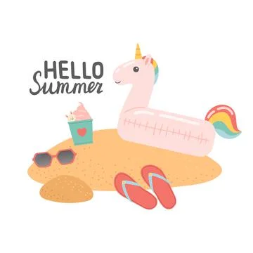 Hello summer set of elements on sand, vector Stock Illustration