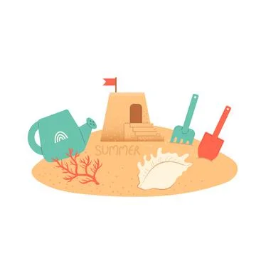 Hello summer set of elements on sand, vector Stock Illustration