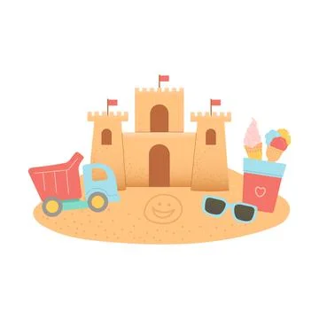 Hello summer set of elements on sand, vector Illustrazione stock