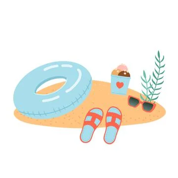 Hello summer set of elements on sand, vector Stock Illustration