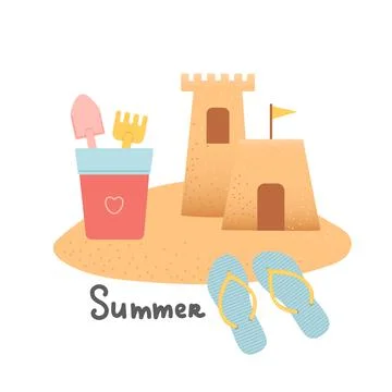 Hello summer set of elements on sand, vector Stock Illustration