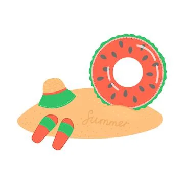 Hello summer set of elements on sand, vector Stock Illustration