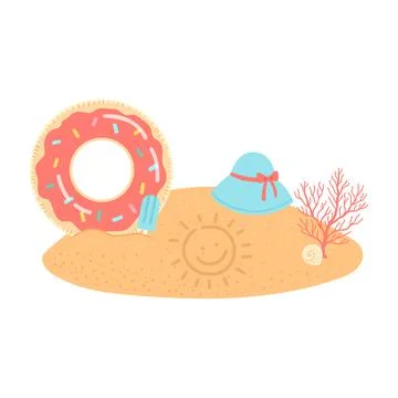 Hello summer set of elements on sand, vector Stock Illustration