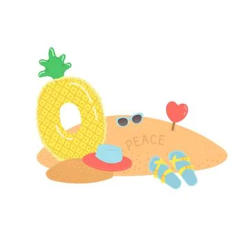 Hello summer set of elements on sand, vector Stock Illustration