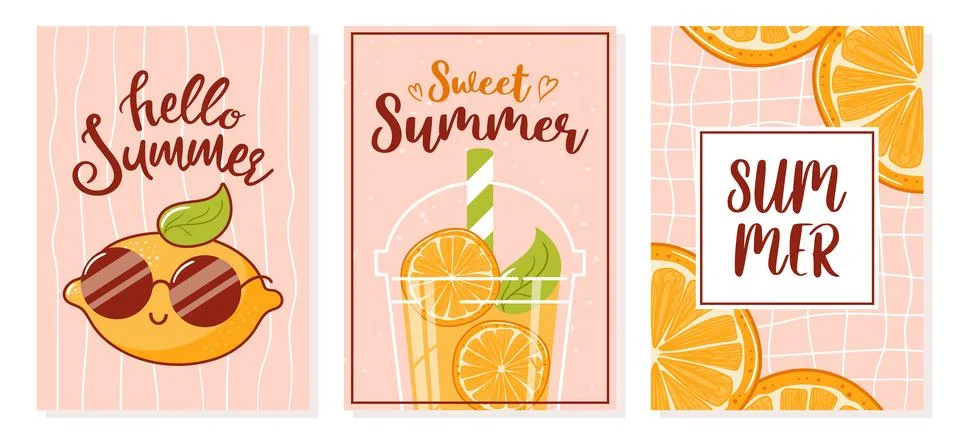 Hello summer. Set of postcards, banners for sale. Cool lemons in sunglasses, a Stock Illustration