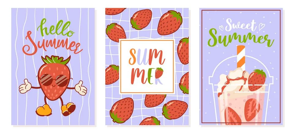 Hello summer. Set of postcards, banners for sale. Cool strawberry in sunglasses Stock Illustration