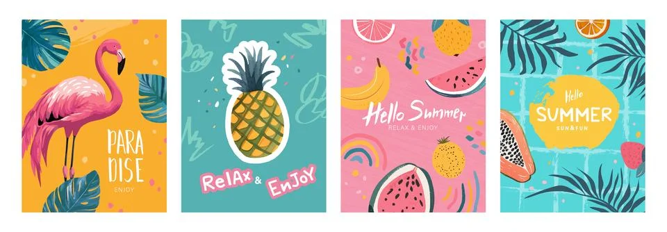 Hello summer. Set of vector postcards with illustrations of pink flamingo Stock Illustration