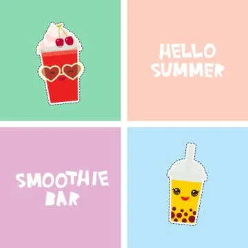 Hello Summer Smoothie bar bright tropical card banner design, fashion patches Ilustración de archivo