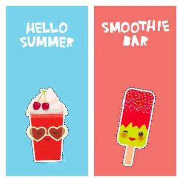 Hello summer Smoothie Bar bright tropical card design, fashion patches badges Ilustración de archivo