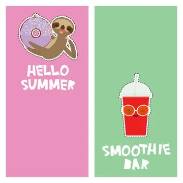 Hello Summer, smoothie bar cherry Take-out smoothie, cute kawaii sloth with a Stock Illustration