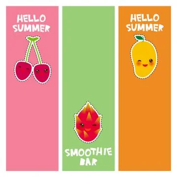 Hello Summer, smoothie bar cute kawaii, fresh cherry, mango, dragon fruit. ba Stock Illustration