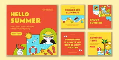 Hello Summer Social Media Post Flat Cartoon Templates Background Illustration Stock Illustration