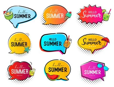 Hello summer speech banner template. Holiday sticker tag set. Illustrazione stock