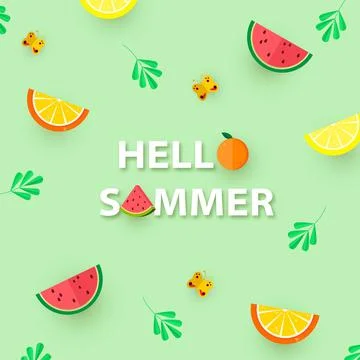 Hello summer. Square banner with lemon, orange, watermelon slices, leaves and Stock Illustration