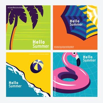 Hello Summer, square banner template, flat vector Stock Illustration