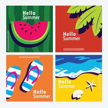 Hello Summer, square banner template, flat vector Stock Illustration