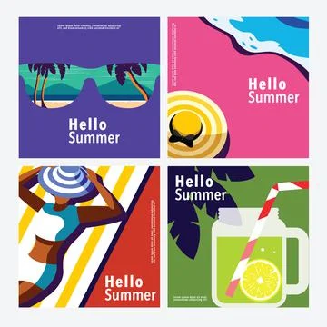 Hello Summer, square banner template, flat vector Stock Illustration