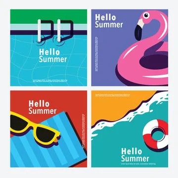 Hello Summer, square banner template, flat vector Stock Illustration