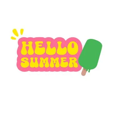 Hello Summer sticker with green melting ice cream. Cartoon popsicle icon with Stock Illustration