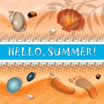 Hello, summer. Summer background sand, seashell and footprints in the sand il Stock Illustration