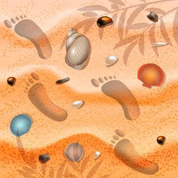 Hello, summer. Summer background sand, seashell and footprints in the sand il Stock Illustration