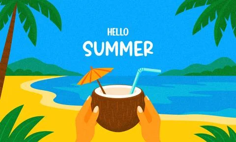 Hello Summer. Summer Coconut Drink on Beach with Tropical Palm Leaves, Ocean イラスト素材