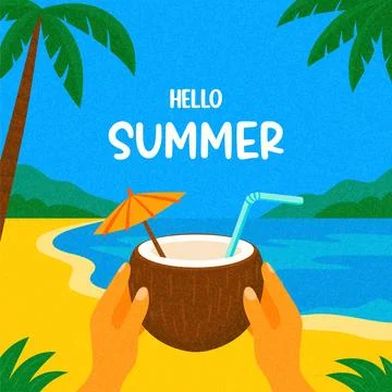 Hello Summer. Summer Coconut Drink on Beach with Tropical Palm Leaves, Ocean Ilustración de archivo