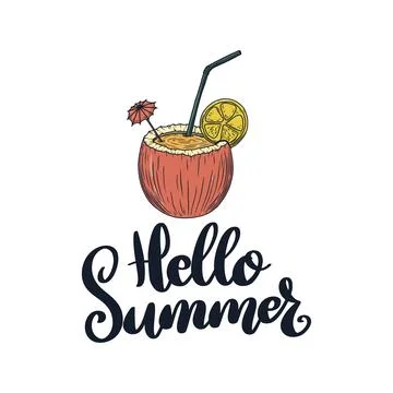 Hello Summer. Summer design with coconut cocktail. Vector illustration Stock Illustration