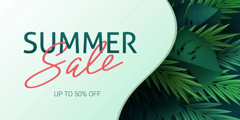Hello summer, summertime. The text poster against the background of tropical Stock Illustration