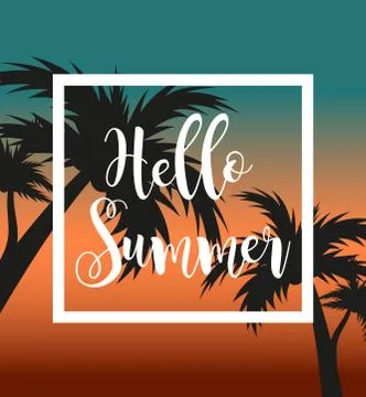 Hello summer template for poster in white frame on a background of sunset a.. Stock Illustration