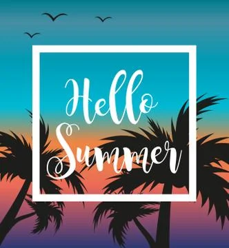 Hello summer template for poster in white frame on a background of sunset a.. Stock Illustration