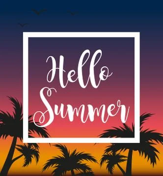 Hello summer template for poster in white frame on a background of sunset a.. Stock Illustration