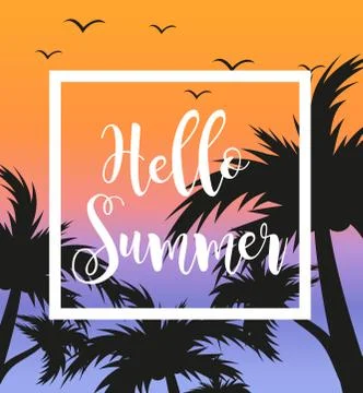 Hello summer template for poster in white frame on a background of sunset a.. Stock Illustration