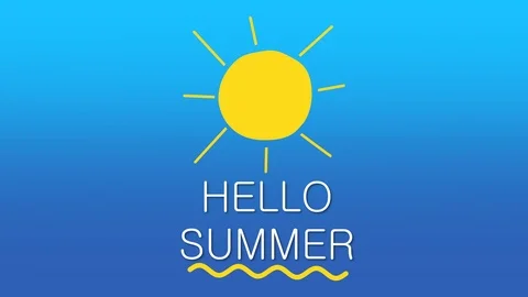 Hello Summer text and sun animated on blue gradient background. 4k Stock Footage 111702459