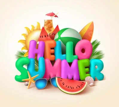 Hello summer text banner design with colorful summer elements Stock Illustration