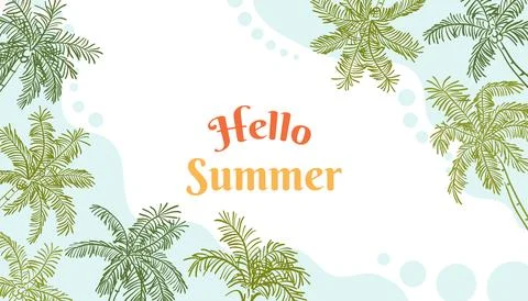 Hello Summer text banner or poster with hand drawn sketch palm trees on a w.. 库存插图
