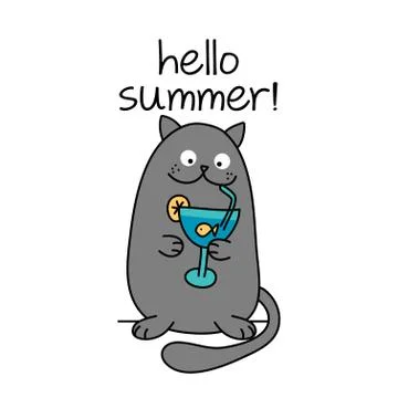 Hello summer text with cute cat with goldfish cocktail Stock Illustration