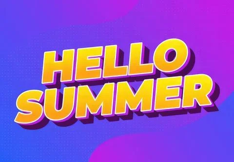 Hello summer text design with bright yellow letters on purple background Stock Illustration