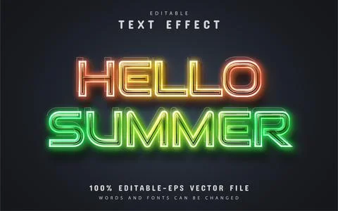 Hello summer text, editable text effect neon style Stock Illustration