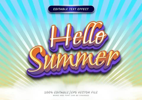 Hello summer text effect with gradient and cloud background. editable text st Stock Illustration