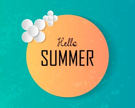Hello summer text on large sun and decorated paper art flowers on deep blue s Ilustração Stock