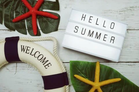 Hello Summer text in light box with green leave, starfish and lifebuoy decora Stock Photos
